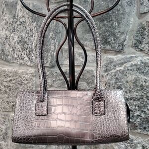 Tommy Hilfiger Metallic Silver/Brown Crocodile-Embossed Shoulder Bag